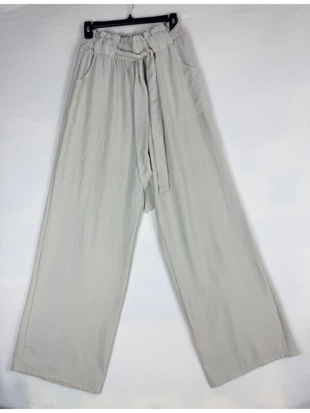 IWollence‎ Women’s L Beige Wide Leg Paperbag Pants Tie Waist Casual Boho